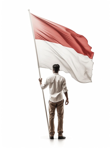 Indonesian Man Holding and Waving indonesia Flag