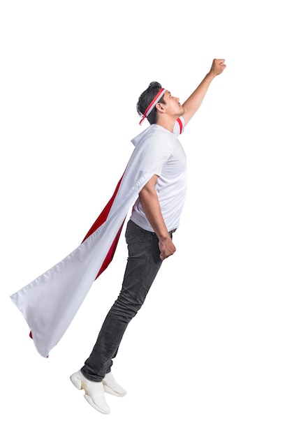 Indonesian men celebrate Indonesian independence day on 17 August by wearing the Indonesian flag