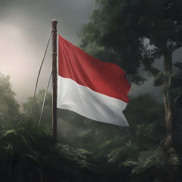 the Indonesian or monaco flag is flying in the wind in the middle of the forest