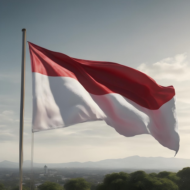 the Indonesian or monaco flag is flying in the wind in the middle of the forest