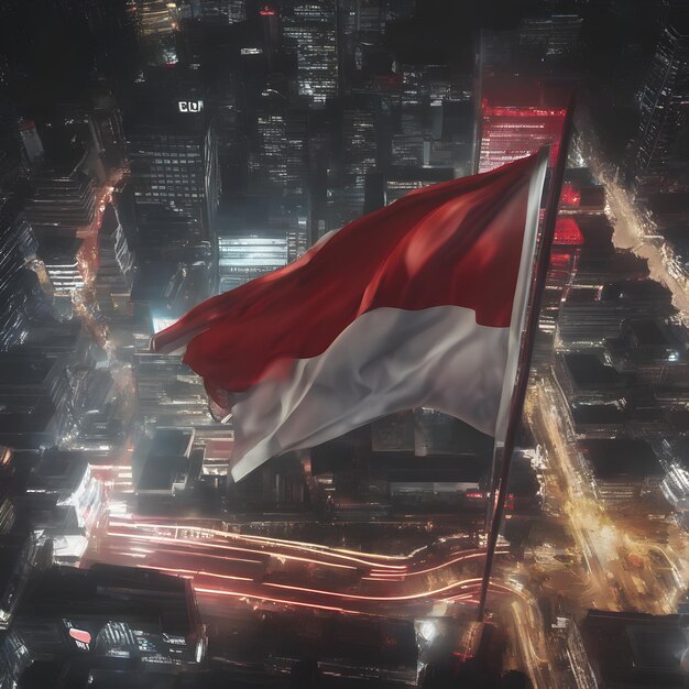 인도네시아 또는 모나코의  ⁇ 발이 밤에 스카이라인 건물 중간에 바람에 날아다니고 있습니다.