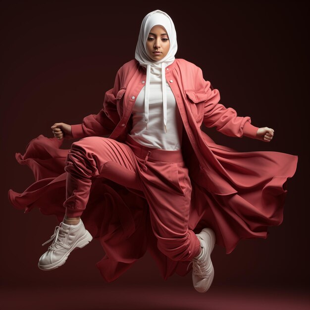 Indonesian moslem woman wearing hijab doing jumping jack