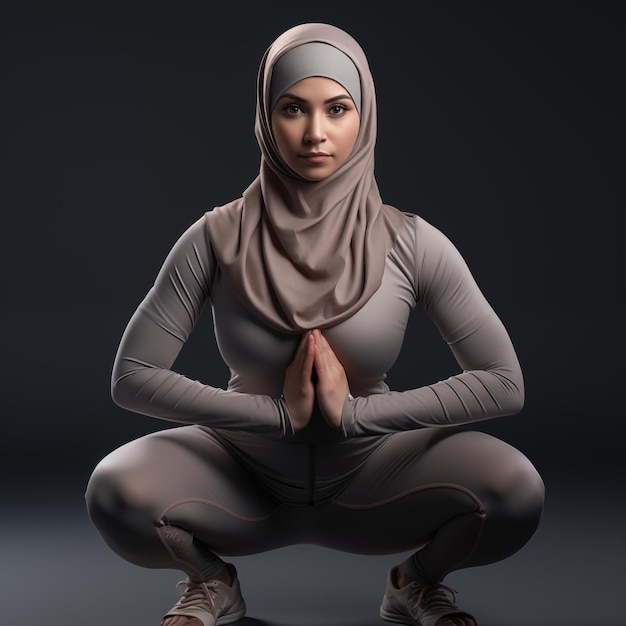 Индонезийская мусульманка в хиджабе делает упражнения на приседании