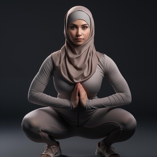 Indonesian muslim woman in hijab doing squatting exercises