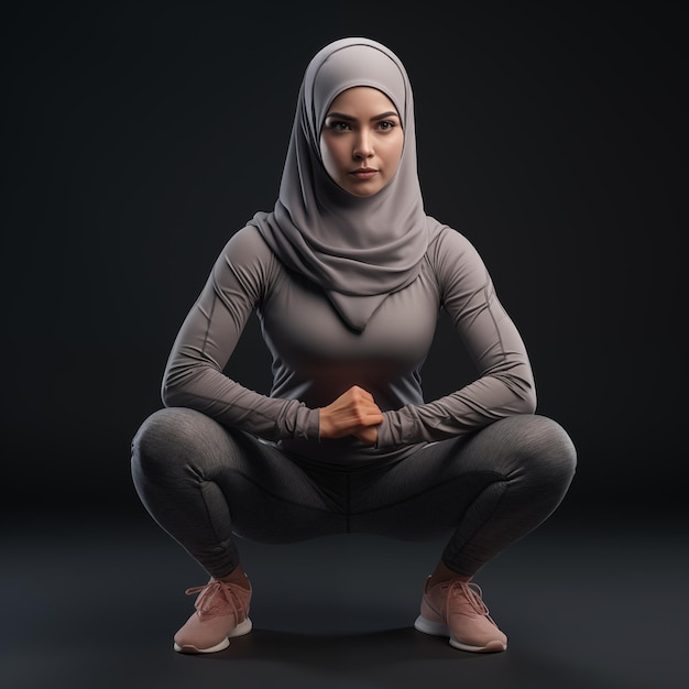 Indonesian muslim woman in hijab doing squatting exercises