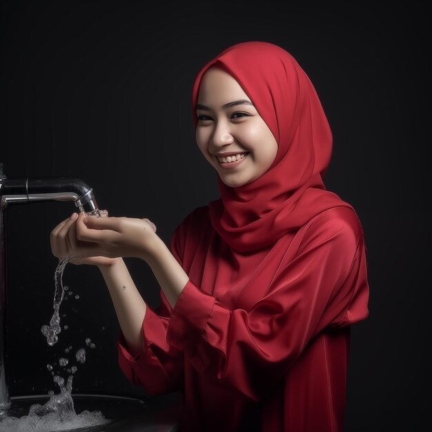 An Indonesian Muslim woman wearing a hijab is doing ablution wudhu washing face before prayer