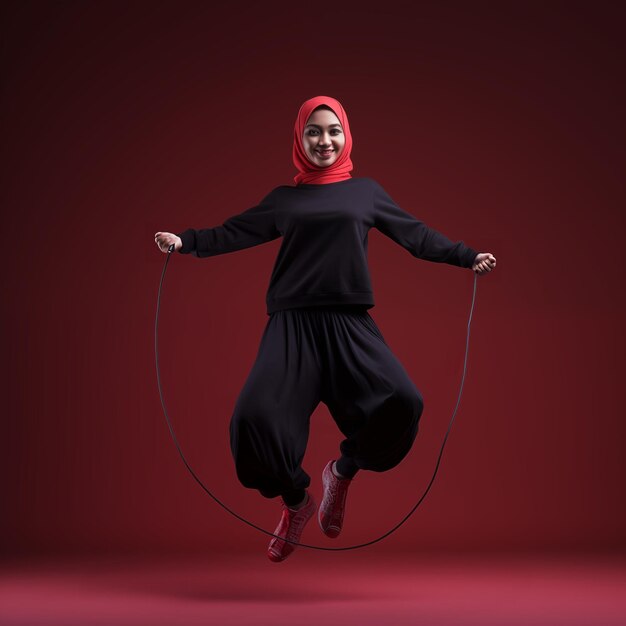 An Indonesian Muslim woman wearing a hijab and spandex outfit is jumping rope