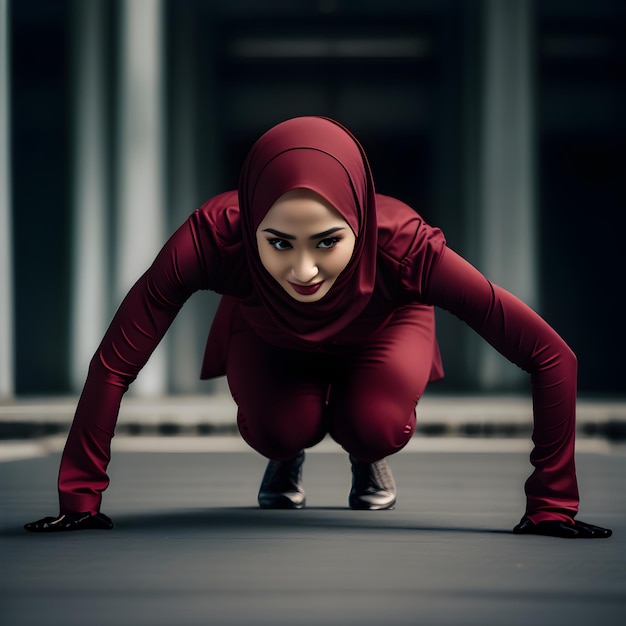 ヒジャブを着てスパンデックススポーツウェアを着たインドネシアのイスラム教徒の女性がプッシュアップ運動をしています