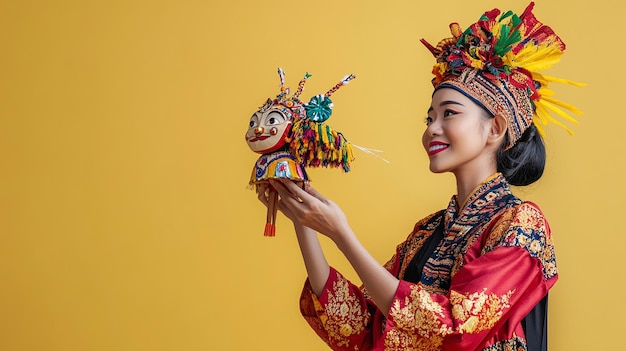 Photo indonesian puppeteer holding a traditional puppet