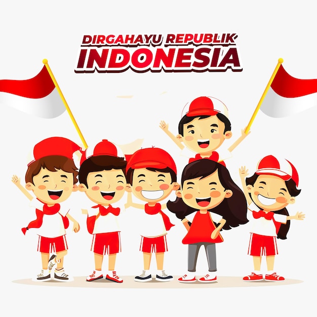 indonesian school student celebrating independence day cartoon illustration