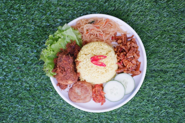 indonesian style yellow rice with minced chicken in white plate on green grass background