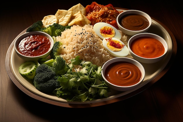 접시에 담긴 다양한 야채와 칠리 소스의 인도네시아 전통 음식