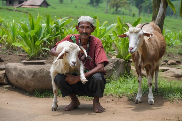 Photo indonesian villager with his goat