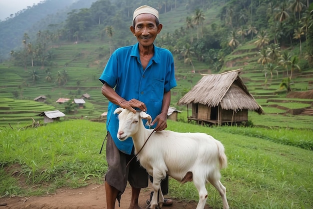 Photo indonesian villager with his goat