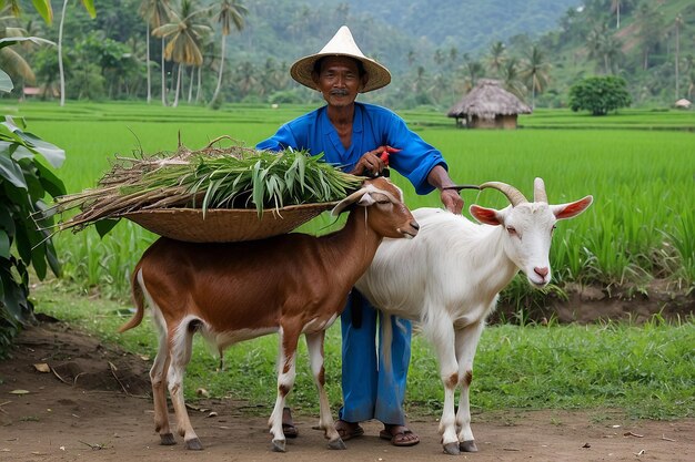 Photo indonesian villager with his goat