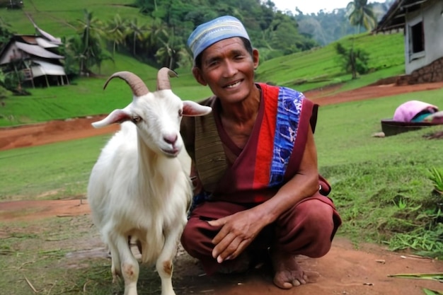 Photo indonesian villager with his goat