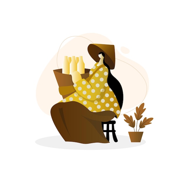 Photo indonesian woman girl selling traditional herbal drink jamu in javanese illustration graphic