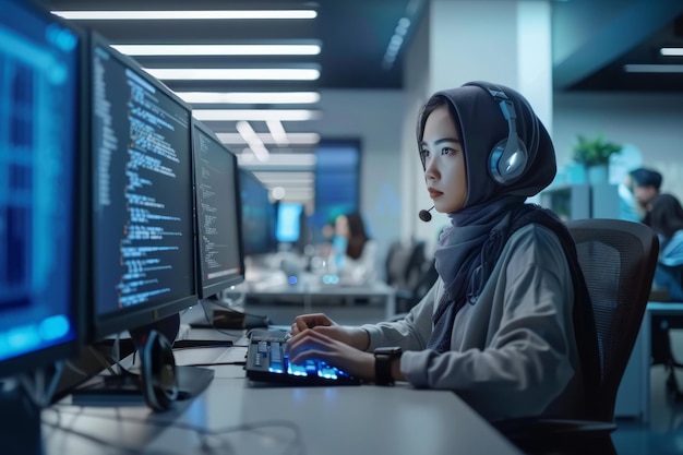 Индонезийская программистка, пишущая код на компьютере