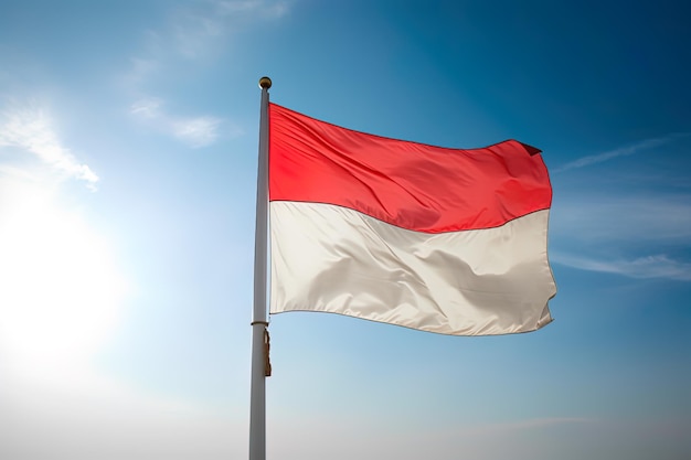 Indonesië nationale vlag zwaaien in de blauwe hemel Rode en witte vlag met wolken