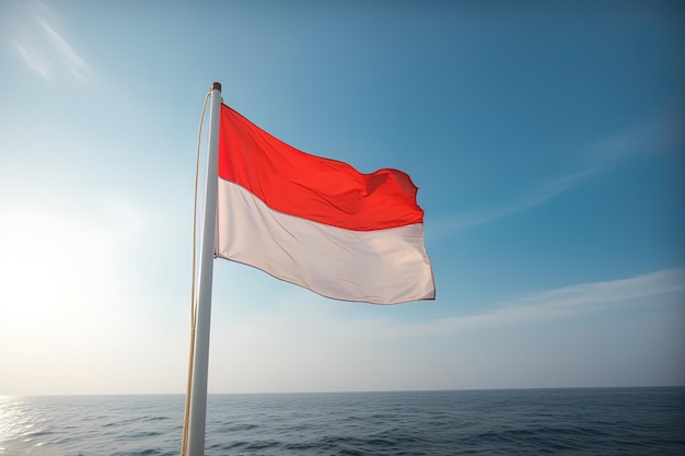 Indonesië nationale vlag zwaaien in de blauwe lucht op de oceaan achtergrond Rode en witte vlag