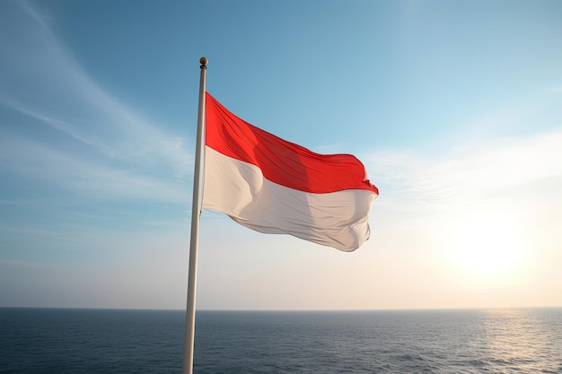 Indonesië nationale vlag zwaaien in de blauwe lucht op de oceaan achtergrond Rode en witte vlag