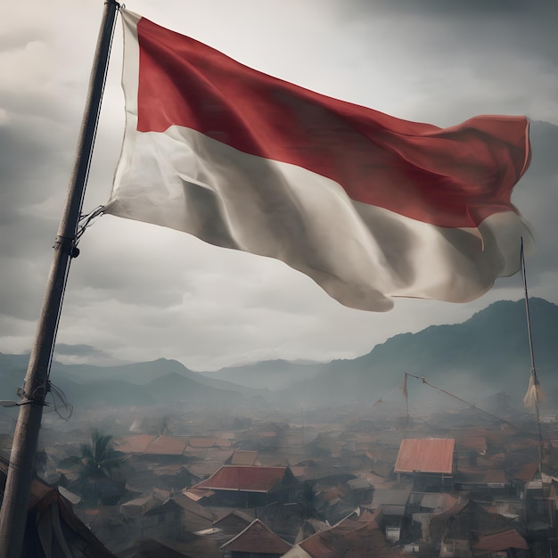 Indonesië of Monaco vlag vliegt in de wind in het midden van een chaotische stad