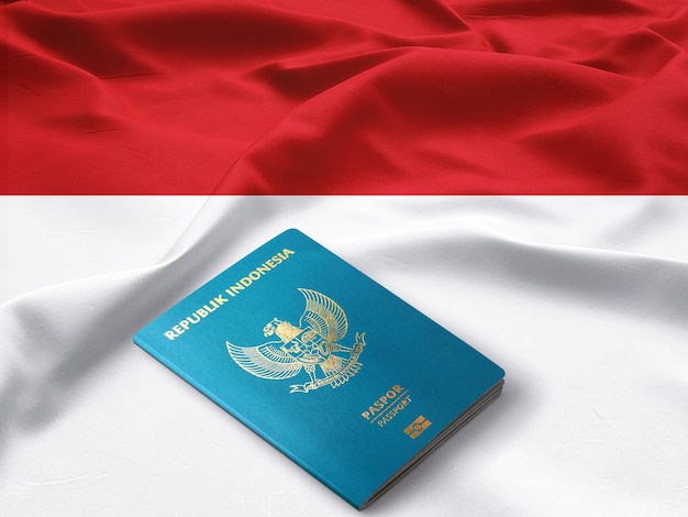 Indonesisch paspoort op de top van satijnen vlag van indonesië