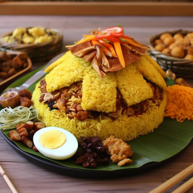 Indonesische esthetische traditionele schotel Tumpeng Nasi kuning