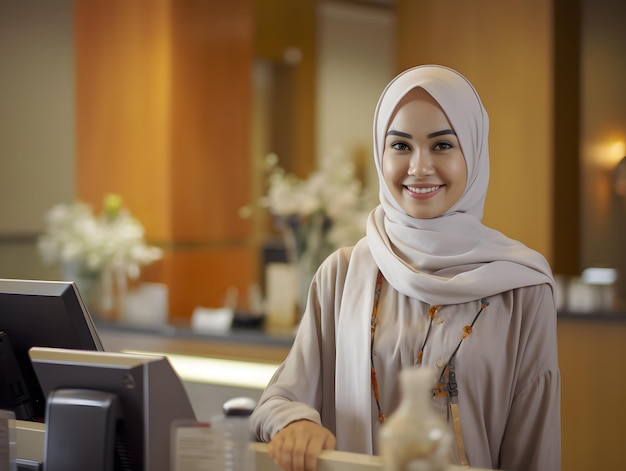 Indonesische moslimvrouwen receptioniste in het ziekenhuis zijn klaar om te dienen met een glimlach