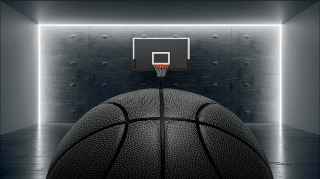 Photo indoor basketball court with black balls 3d render