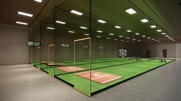 野球ソフトボールのための屋内バッティングケージ 3Dレンダリングイラスト