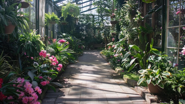 Indoor botanical garden with a variety of flowering plants and trees offering a peaceful retreat from urban life