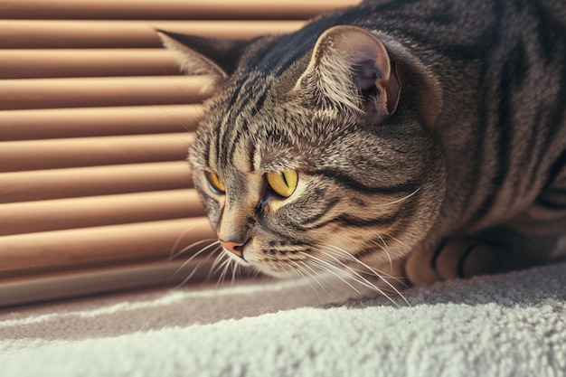 Indoor capriolen Arrogante tabby kat bij vensterroosters speels binnen