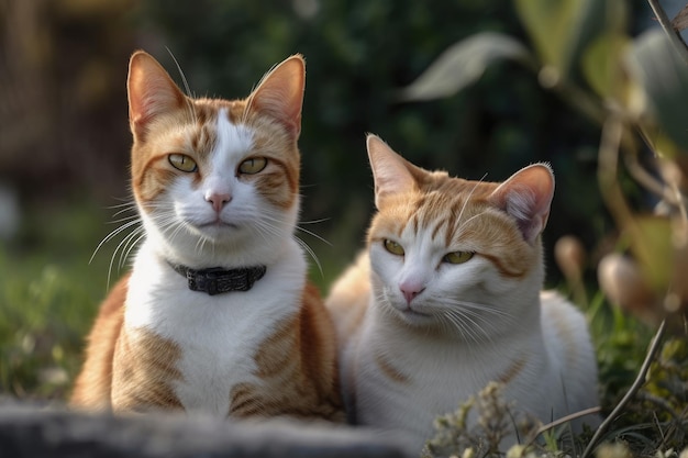 Indoor cats having fun in a yard outside