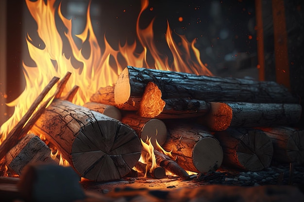 Indoor fireplace logs in closeup