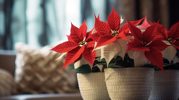 Indoor flower Christmas Star Poinsettia in a pot in the interior decor of the