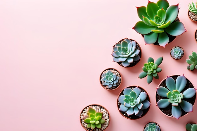 indoor flowers succulents on pink background with place for text top view