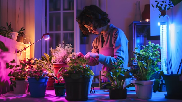 Photo indoor gardening at home with lush houseplants and warm lighting person tending to potted plants creating cozy atmosphere enthusiast engaged in botanical hobby ai