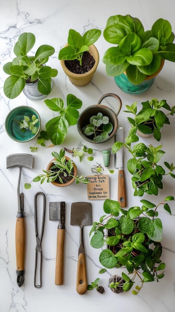 Indoor gardening with plants and tools on marble