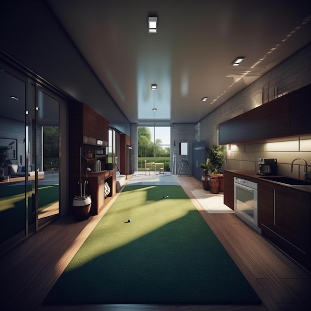 Indoor home golf course should be designed entering wallpaper image AI generated art