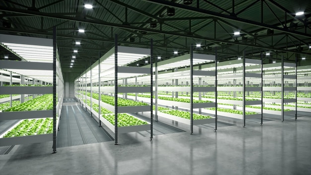 Indoor hydrocultuur groente plant fabriek in tentoonstellingsruimte magazijn Interieur van de boerderij hydrocultuur Groenten boerderij in hydrocultuur Sla boerderij groeit in kas Betonnen vloer 3D render