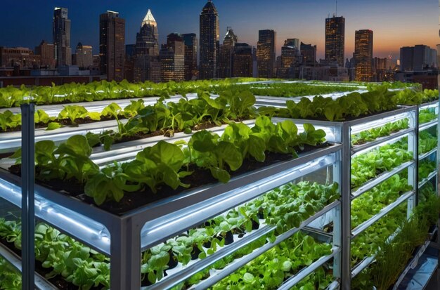 Photo indoor hydroponic farm at night