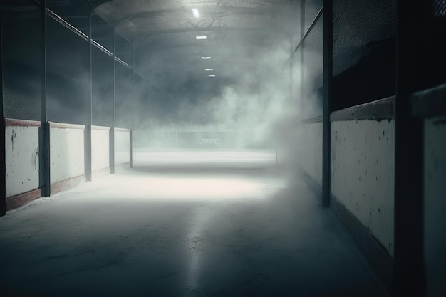 Indoor ice rink with fog and steam empty with no players and arena for spectators illuminated sophisticates before hockey and figure skating games Generative AI