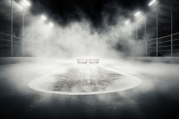 Indoor ice rink with fog and steam empty with no players and arena for spectators illuminated sophisticates before hockey and figure skating games Generative AI