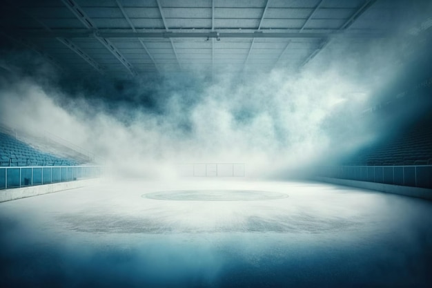 Indoor ice rink with fog and steam empty with no players and arena for spectators illuminated sophisticates before hockey and figure skating games Generative AI