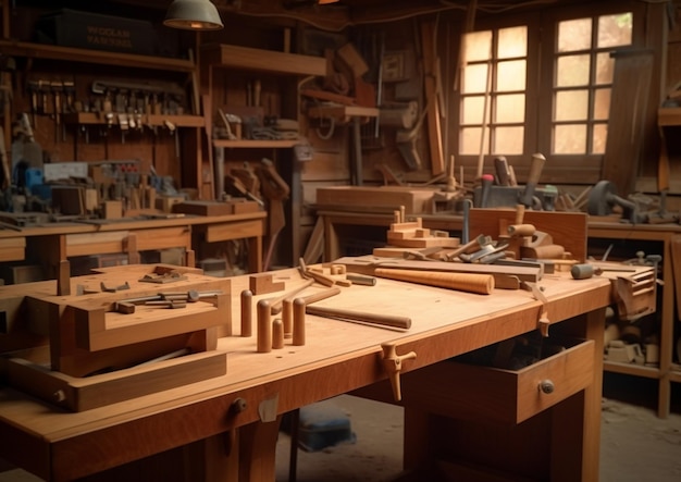 Indoor or interior wood workshop with Generative AI