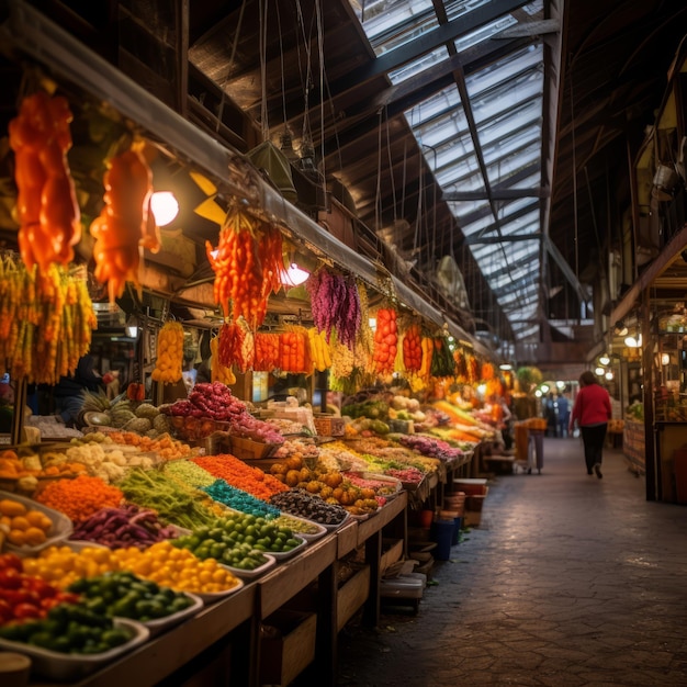 an indoor market filled with fruits and vegetables