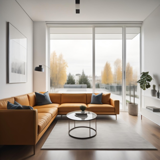 Indoor modern design with sofa chair and vase near glass window in bright