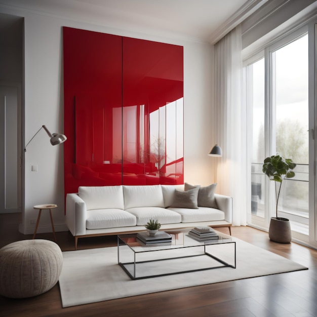 Indoor modern design with sofa chair and vase near glass window in bright