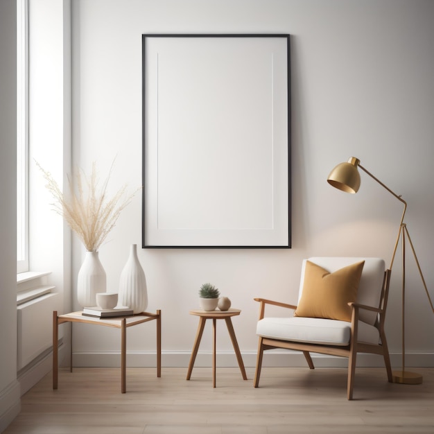 Indoor modern design with wooden chair and vase with vertical frames on empty white wall in living